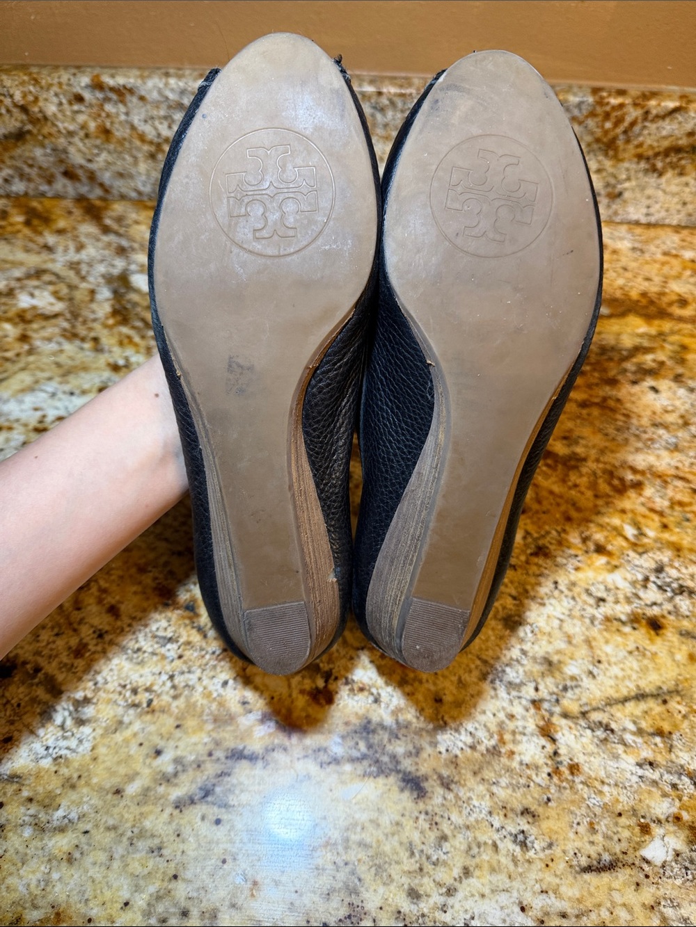 Tory Burch Black Pebbled Leather Peep Toe Wedge Pumps - Picture 5 of 9
